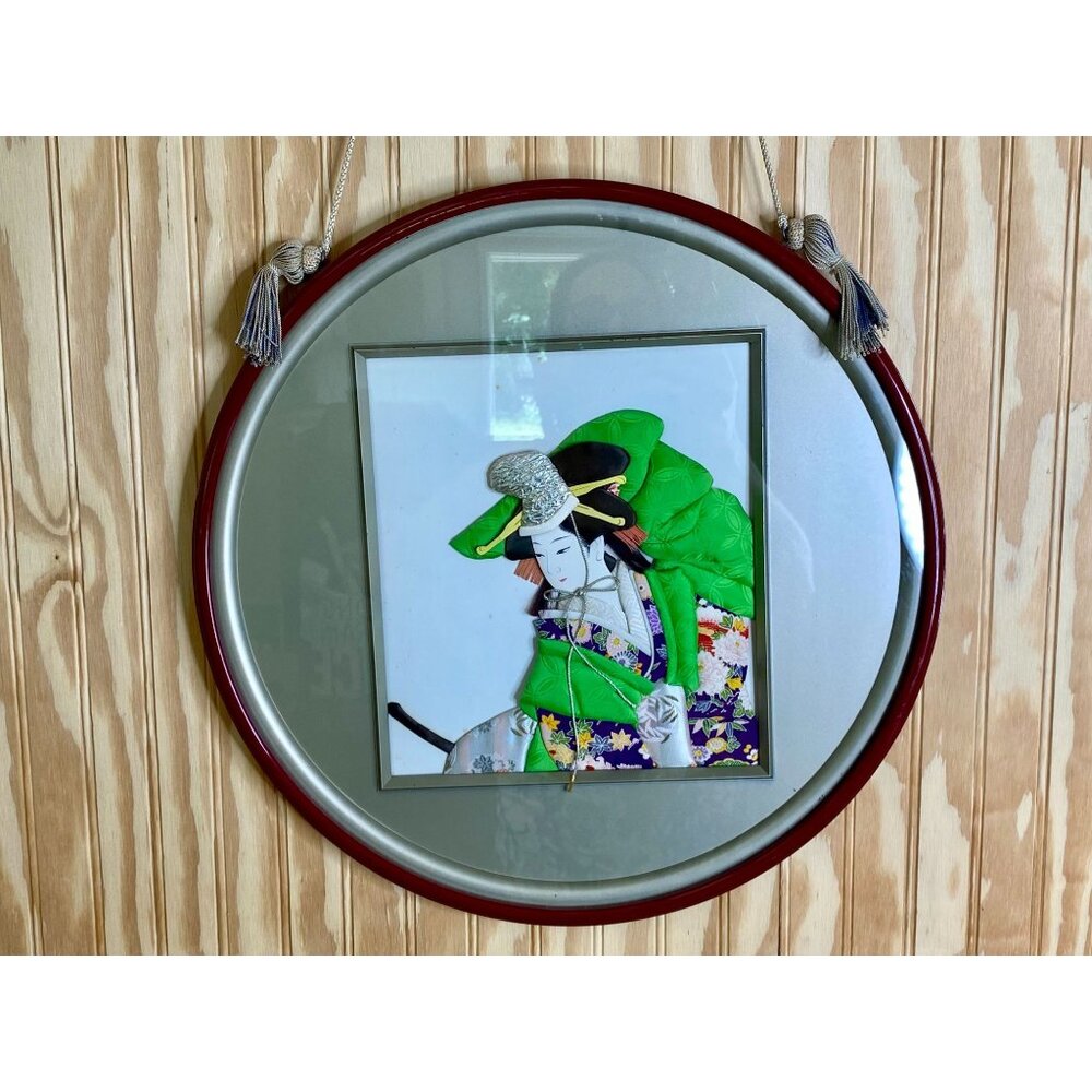 Vtg Japanese Hagoita Geisha Green Purple Kimono 3D Fabric Wall Art Frame Decor 1